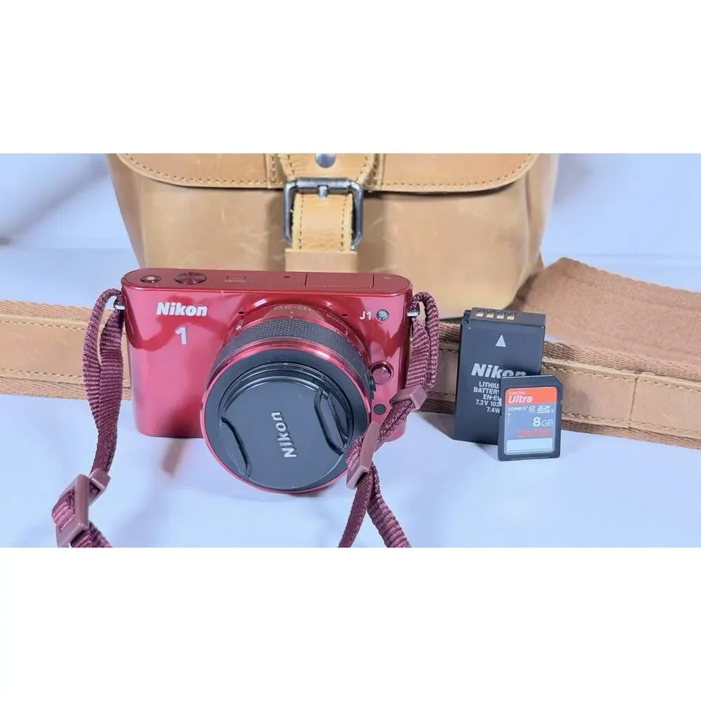 Nikon 1 J1 Red Mirrorless Camera 10-30mm Lens, Charger, 3 bat + Leather Bag